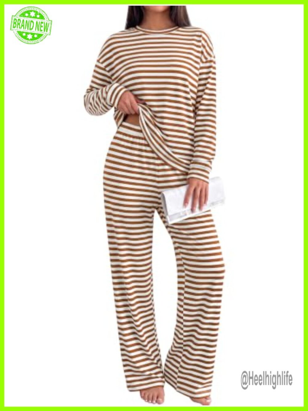 Striped 2 Piece Lounge Set Long Sleeve Top Wide Leg Pants Cotton Tracksuit